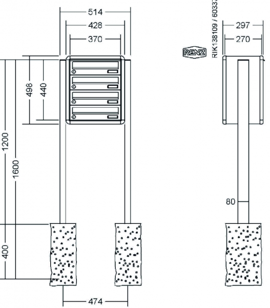 RENZ Briefkastenanlage freistehend, RS4000, Kastenformat 370x110x270mm, 4-teilig, zum Einbetonieren